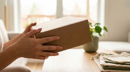 Hands Holding Eco Friendly Cardboard Box with Return for Reuse Recycle Symbol for Sustainable Shipping