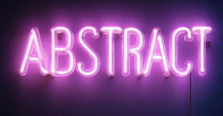 Bright purple neon sign spells ABSTRACT. Dark background emphasizes glowing text. Minimalist design, modern aesthetic. Simple, bold statement.