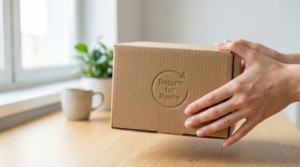 Hands Holding Eco Friendly Cardboard Box with Return for Reuse Recycle Symbol for Sustainable Shipping