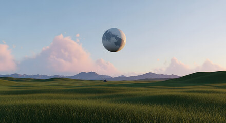 An enigmatic celestial body, reminiscent of a distant moon, floats serenely above a boundless, verdant meadow, creating a captivating and otherworldly landscape under a soft, dreamlike sky at twilight