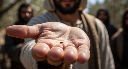 A close-up shot of a person's hand holding a small object. The hand is in sharp focus, with other people in the blurred background.