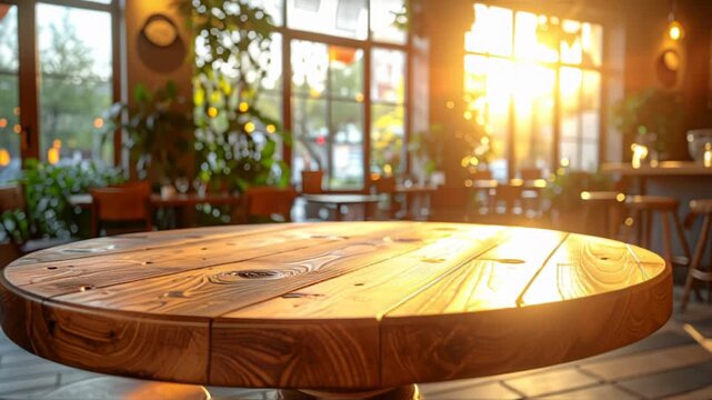 Empty Round Wooden Table in Sunny Cafe or Bar with Blurred Background
