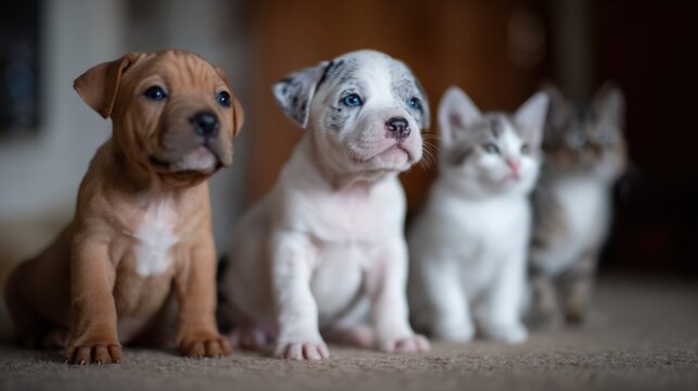 Puppies and kittens sit together in a cozy indoor space on a warm day