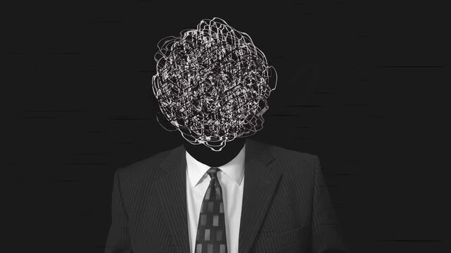 Human head with chaotic scribble circle in brain. Realistic collage art composition in creative modern stop motion style. Minimal abstract graphic concept design for psychology.