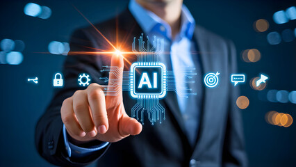 Obraz premium Businessman Interacting with Artificial Intelligence Virtual Screen, Driving Innovation and Future Technology