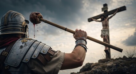 A dramatic depiction of a moment from a historical event, featuring a Roman soldier and a crucifixion scene. The image evokes a sense of solemnity and historical significance