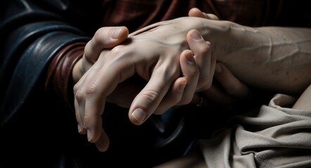 The delicate touch, revealing the connection between hands. A close-up shot capturing the essence of comfort and support 