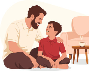 Obraz premium Loving father and son spending quality time together at home happy family moment cheerful dad with beard embracing young boy sitting on floor in cozy living room relationship bonding parenting lifesty