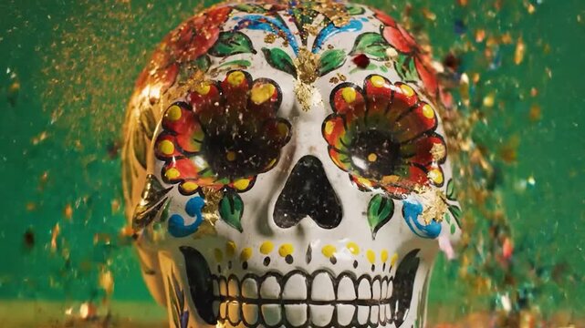 A vibrant decorated sugar skull adorned with colorful floral patterns with sparkling gold glitter exploding around it perfect for Day of the Dead celebrations and Mexican cultural themes