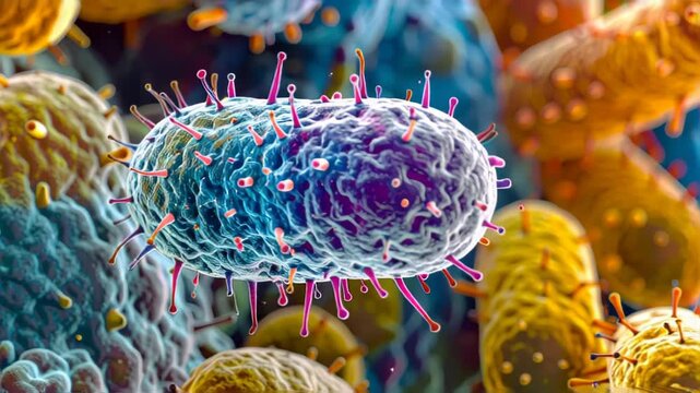 Detailed 3D render of a bacterium or virus cell with flagella in a diverse microbial environment, representing microscopic life and infection.