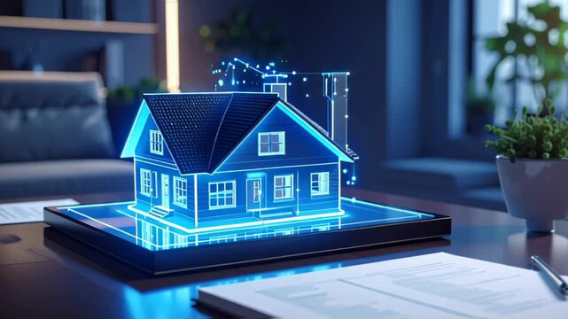 3D Holographic House Model Glowing with Blue Light on a Desk, Symbolizing Smart Home Technology