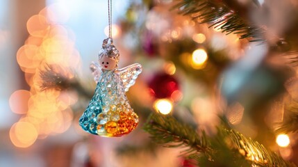 Fototapeta premium Colorful angel ornament hanging from a Christmas tree branch in a warm setting