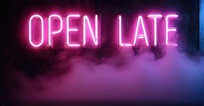 Bright pink neon sign reads OPEN LATE. Smoke fills bottom portion image, creating moody atmosphere. Dark background enhances glow.