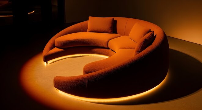 A captivating, crescent-shaped orange sofa with underglow lighting creates a warm and inviting ambiance in a contemporary, dimly lit room