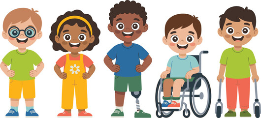Diverse group of cartoon children standing together smiling happy inclusive kids with disabilities and prosthetic limb in wheelchair friendship and support childhood education health care awareness fo