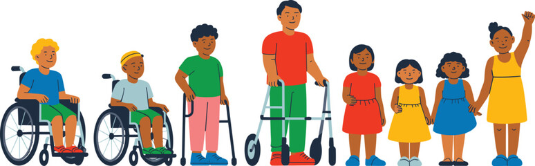 Diverse group of children with disabilities standing together illustration representing inclusion and accessibility for all young people promoting awareness and support for disability rights in educat