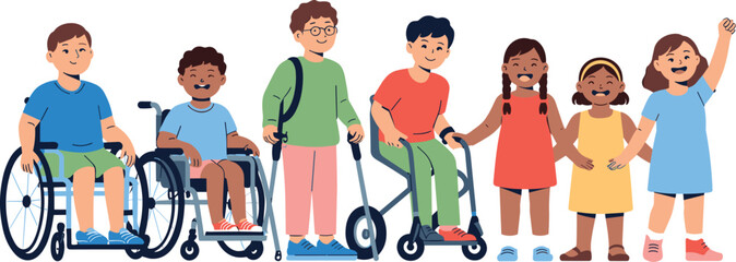 Diverse group of happy children with disabilities standing together smiling cartoon illustration inclusive classroom setting promoting disability awareness and acceptance kids with wheelchairs and mob