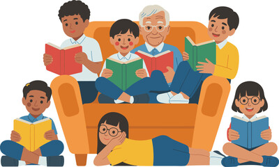 Diverse group of people reading books together on couch multi-ethnic children and senior man enjoying storytime in comfortable home setting promoting education literacy and intergenerational connectio