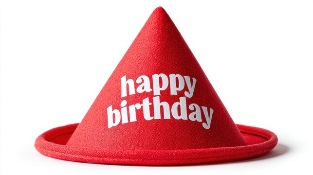 A festive red birthday hat with ""happy birthday"" written in white text on a white background