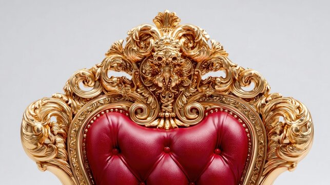 Ornate golden throne with rich red tufted leather upholstery and intricate carvings