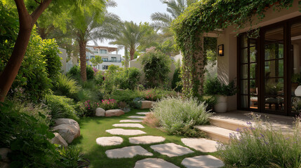 Fototapeta premium Tranquil Garden Pathway: A serene stone pathway meanders through a meticulously landscaped garden, inviting one to explore the lush greenery and inviting outdoor space.