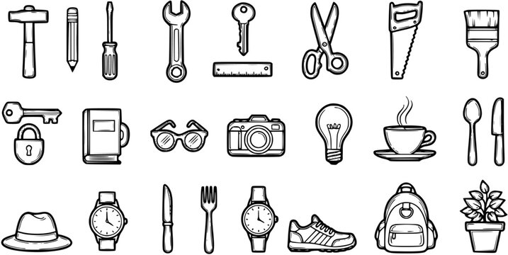 Black and White Line Art Icon Set: Everyday Objects and Utility Items. Essential collection of tools, household goods, and lifestyle symbols for diverse design projects.