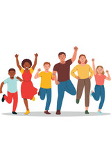 Obraz premium Diverse group of cheerful people running with arms raised in celebration for success and achievement happy multiracial team jumping together celebrating victory in modern cartoon illustration for busi
