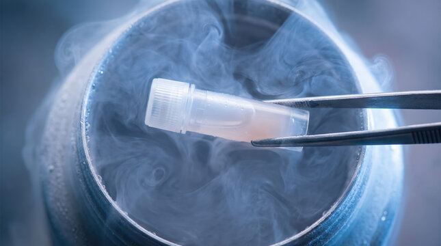 A vial containing a biological sample is carefully removed from a cryogenic storage container with tweezers.