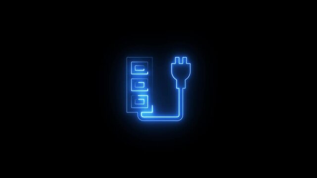 A video showcasing a neon blue electric plug and socket glowing brightly against a dark background
