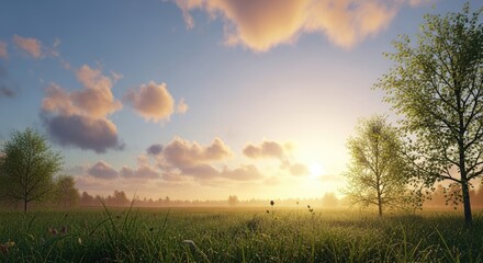 Naklejka premium Serene landscape with trees and grassy field at sunrise