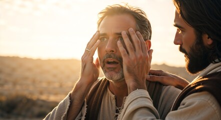 A moment of compassion and empathy between two individuals under the warm glow of the sun