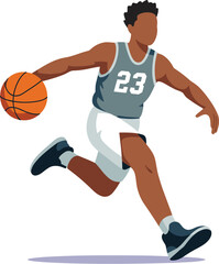 Fototapeta premium Dynamic black basketball player dribbling ball with energy and focus in modern minimalist vector illustration for sports marketing advertising athletic training fitness health wellness competitive spi