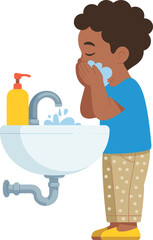 African American boy washing face with water in bathroom sink for personal hygiene routine and health care concept illustration for children's education materials and public health awareness campaigns
