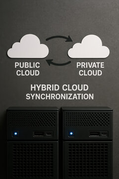 Digital hybrid cloud sync between public and private icons above a professional black server unit.