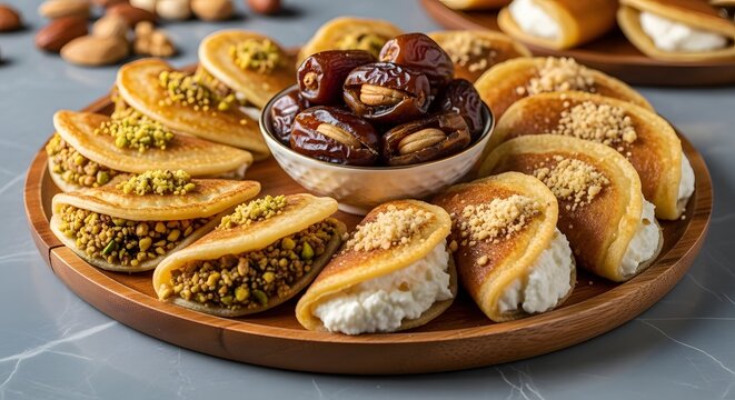 Assortment of delicious qatayef pancakes filled with nuts and cream alongside fresh dates