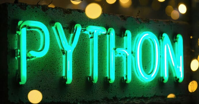 Bright neon Python sign glows against dark textured wall. Bokeh lights create soft background effect. Programming language concept.