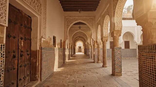 Sunlit Ornate Arched Corridor in Historic Moroccan Palace, Showcasing Intricate Islamic Architecture and Traditional Design