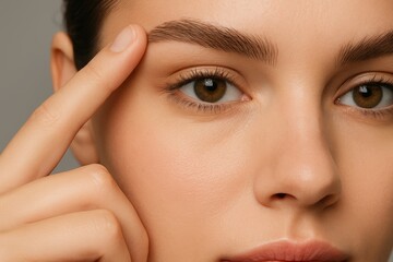 Obraz premium Close-up of woman touching eyebrow showing skincare and grooming concept on neutral background with natural makeup and healthy complexion. Ai generative