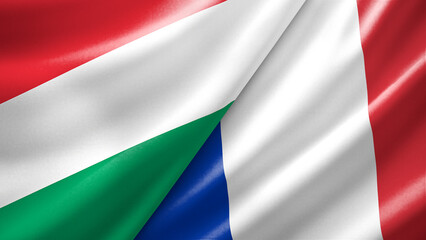 Obraz premium Hungary and France two national flags filling the entire frame, close-up view, edge-to-edge composition