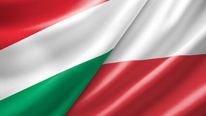 Obraz premium Hungary and Poland two national flags filling the entire frame, close-up view, edge-to-edge composition