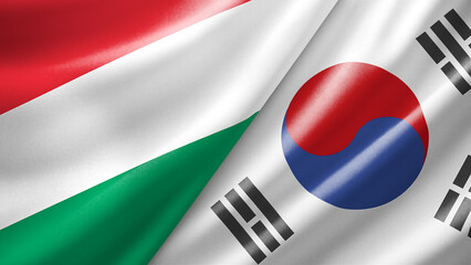 Fototapeta premium Hungary and South Korea two national flags filling the entire frame, close-up view, edge-to-edge composition