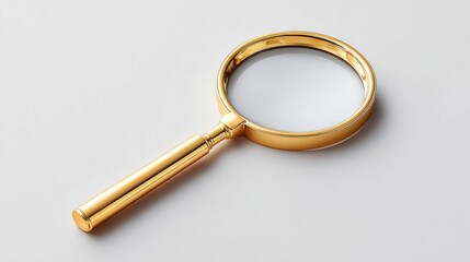 Elegant golden magnifying glass on a clean, minimalist white background, symbolizing discovery