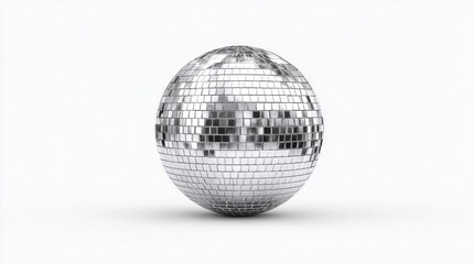 A classic silver disco ball reflects light on a clean white background