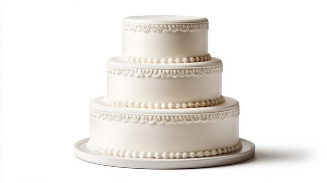 Elegant three-tiered white wedding cake with delicate frosting details on a white background
