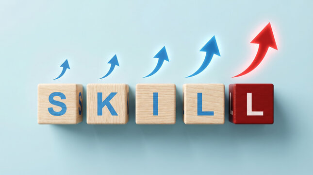 Wooden block cubes spelling skill with rising arrows to learn and increase career via skill development.