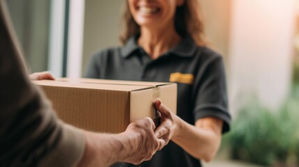 Naklejka premium Hands of courier hold cardboard box to smiling customer,E-commerce express logistics theme