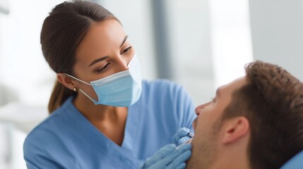 Fototapeta premium Female dentist care for patient during check-up in chair in dental clinic,copy space,oral health