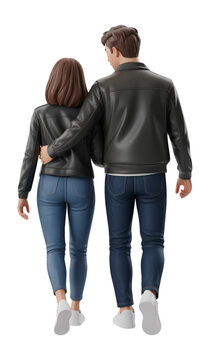 3D Couple Walking Hand in Hand Wearing Leather Jackets for Fashionable Look