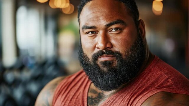 selective focus muscular plus-size man lifting weights in gym