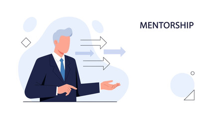 Business mentorship concept: businessman guiding growth with arrows